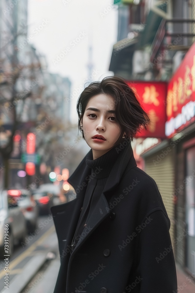 handsome asian woman, walking on street in black jacket
handsome asian woman, walking on street in black jacket