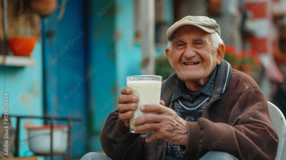 Grinning elderly man enjoys milk break Grinning elderly man enjoys milk break