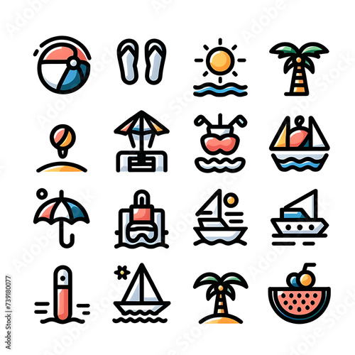 Summer icon set, Hippie icon set, Sharp bold line verson,  stock, white background, Beach Outlined Icon Set, illustration photo