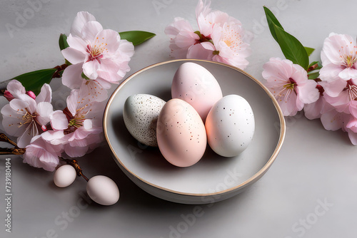 Easter decoration with pastel colored eggs and sakura spring flowers against a light gray concrete wall background with copy space.Generative AI