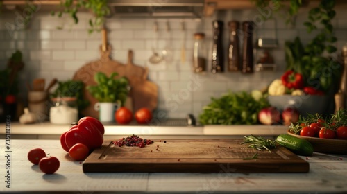 Kitchen counter adorned with an empty chopping board surrounded by peppercorns and fresh vegetables, offering ample space for product placement or design
