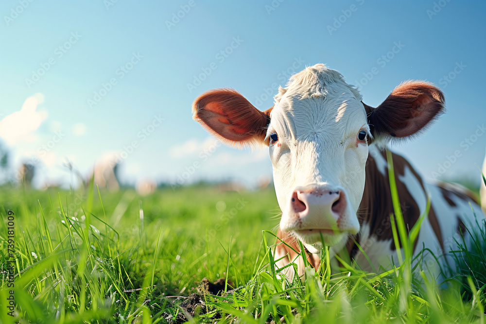 Close up of a cow lying in green grass