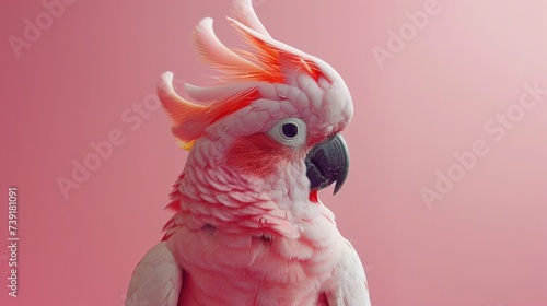 A close-up of a stunning pink cockatoo with its crest raised, posing against a soft pastel pink background.. © sania