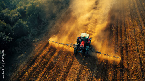 Aerial view of Tractor spraying pesticides on field with sprayer photo