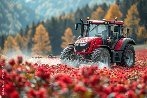 Aerial view of Tractor spraying pesticides on field with sprayer