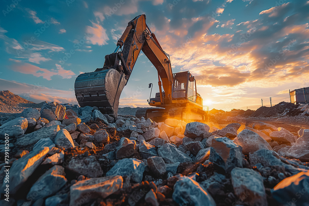 Moving rocks at the break of dawn on a construction site preparing the earth for a futuristic dwelling - obrazy, fototapety, plakaty 