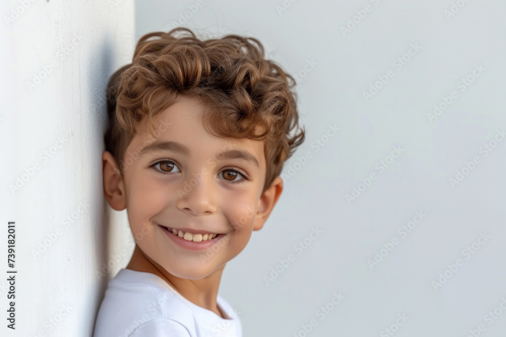 A cheerful happy preschool boy looks out from behind a white wall. Hide and seek games. Happy childhood. A cute baby. The boy looks at the camera and smiles. banner. Place for text. A cheerful happy preschool boy looks out from behind a white wall. Hide and seek games. Happy childhood. A cute baby. The boy looks at the camera and smiles. banner. Place for text.