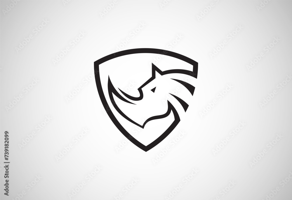 Rhino head and shield logo icon. Rhinoceros brand identity emblem vector illustration. Rhino head and shield logo icon. Rhinoceros brand identity emblem vector illustration.