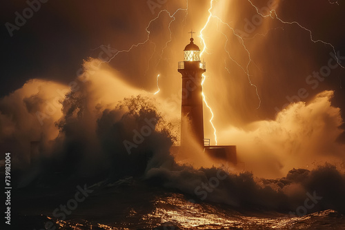 Lighthouse in Stormy Weather standing resilient as waves and lightning rage around it