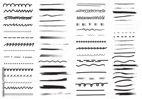 Hand drawn line. Ink pen drawing lines, underline brush and pencil strokes brushes vector elements set photo