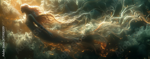 Magic smoke envelops a futuristic mermaid blending the lines between mythology and the marvels of tomorrow photo