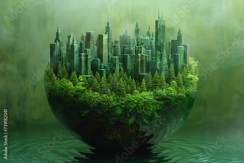 paper art  Green planet Earth of sphere futuristic  Crystal Earth planet green forest city photo