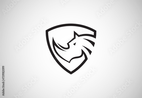 Rhino head and shield logo icon. Rhinoceros brand identity emblem vector illustration.