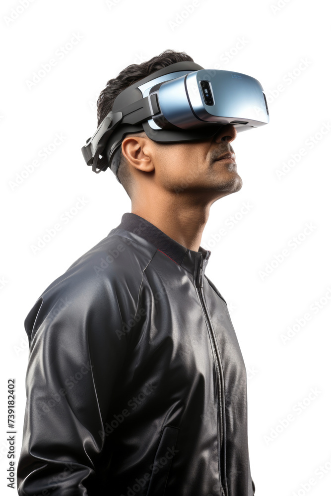 Artificial intelligence. unknown man standing use Virtual reality glasses wearing colorful trendy clothes on transparent background, Png format. Artificial intelligence. unknown man standing use Virtual reality glasses wearing colorful trendy clothes on transparent background, Png format.
