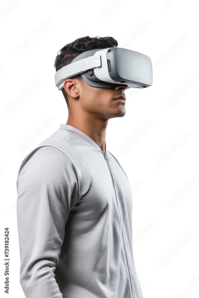 Artificial intelligence. unknown man standing use Virtual reality glasses wearing colorful trendy clothes on transparent background, Png format. Artificial intelligence. unknown man standing use Virtual reality glasses wearing colorful trendy clothes on transparent background, Png format.