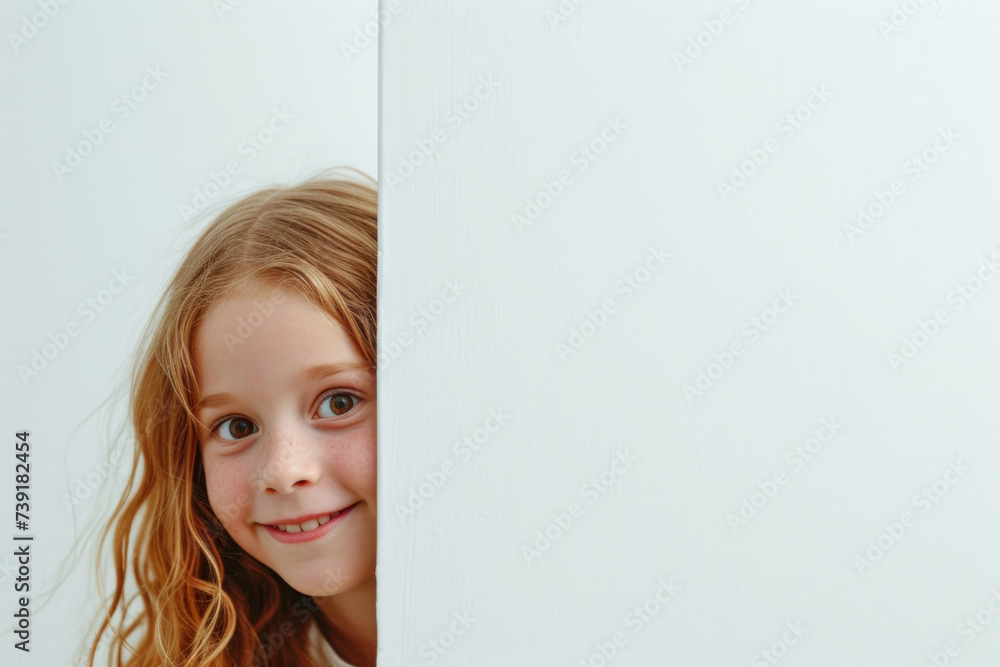 A cheerful happy school girl looks out from behind a white wall. Hide and seek games. Happy childhood. A cute girl. The girl looks at the camera and smiles. banner. Place for text. A cheerful happy school girl looks out from behind a white wall. Hide and seek games. Happy childhood. A cute girl. The girl looks at the camera and smiles. banner. Place for text.