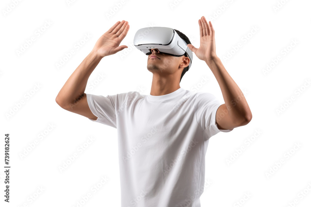 Artificial intelligence. unknown man standing use Virtual reality glasses wearing colorful trendy clothes on transparent background, Png format. Artificial intelligence. unknown man standing use Virtual reality glasses wearing colorful trendy clothes on transparent background, Png format.