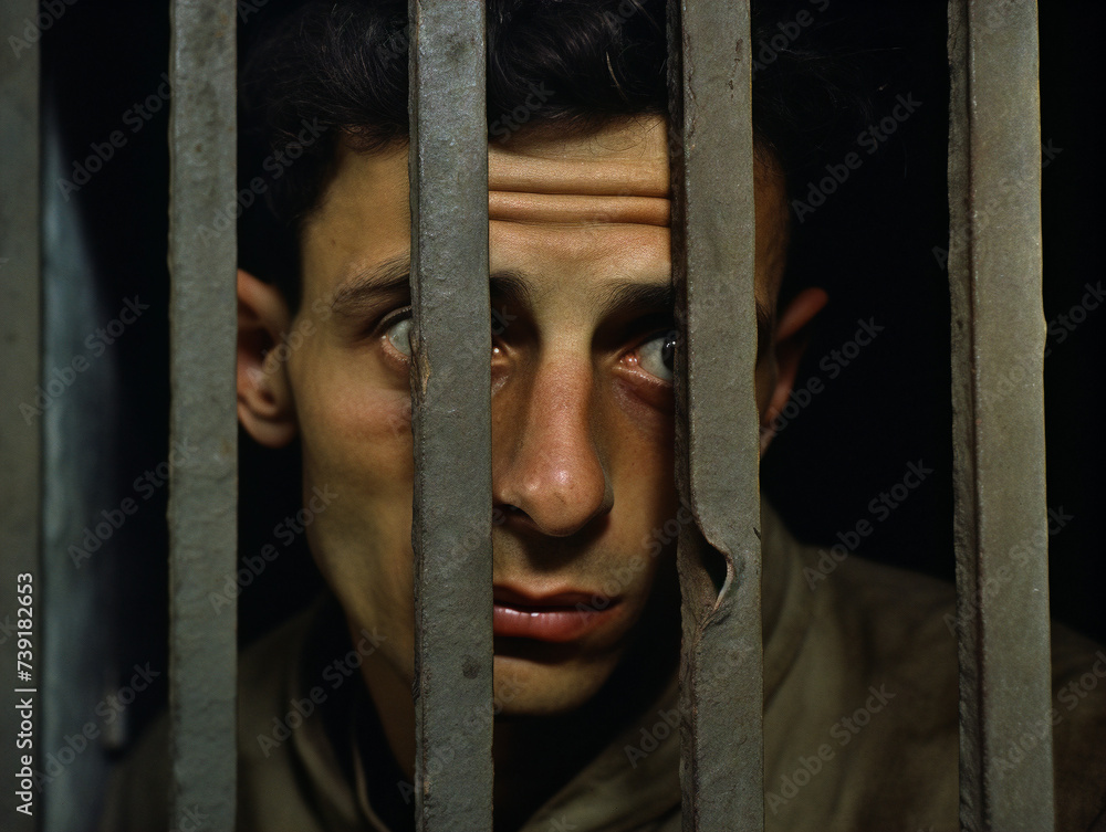 A somber war prisoner gazes out from behind the confines of cell 00368(02) in RL.