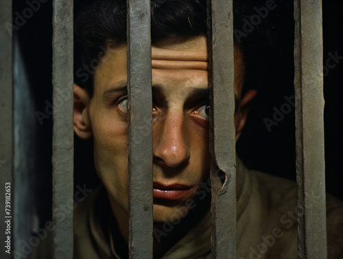 Obraz na płótnie A somber war prisoner gazes out from behind the confines of cell 00368(02) in RL. w salonie