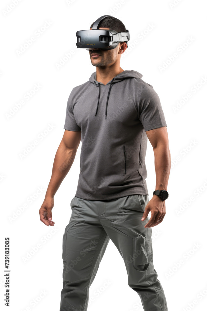 Artificial intelligence. unknown man standing use Virtual reality glasses wearing colorful trendy clothes on transparent background, Png format. Artificial intelligence. unknown man standing use Virtual reality glasses wearing colorful trendy clothes on transparent background, Png format.