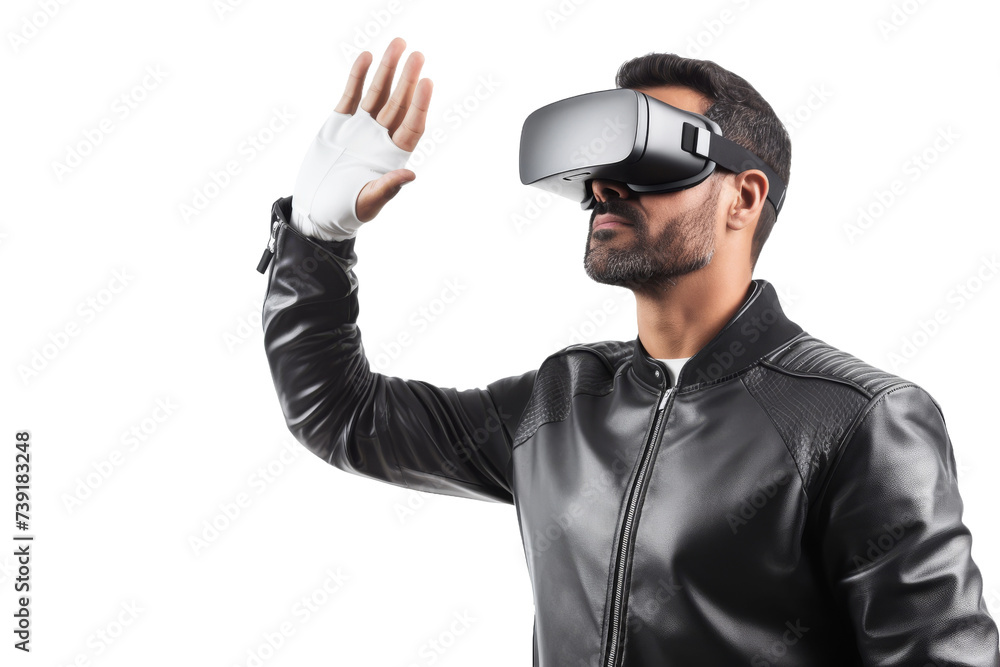 Artificial intelligence. unknown man standing use Virtual reality glasses wearing colorful trendy clothes on transparent background, Png format. Artificial intelligence. unknown man standing use Virtual reality glasses wearing colorful trendy clothes on transparent background, Png format.
