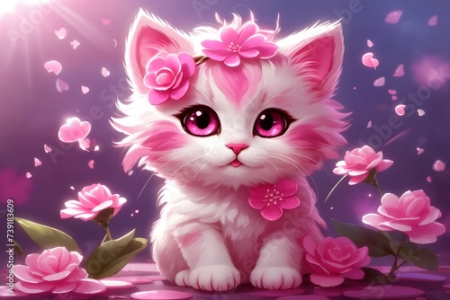 Cute Fluffy Pink Cat Holding a Flower, Adorable Baby Cat Pictures, Pink Cat Background, Cute Cat Wallpaper, Cat Picture, adorable kitten Image, AI Generative