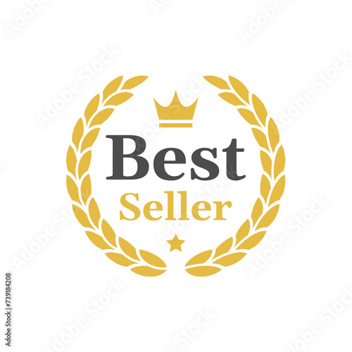 Best seller vector tag. Golden label with laurel wreath and crown.