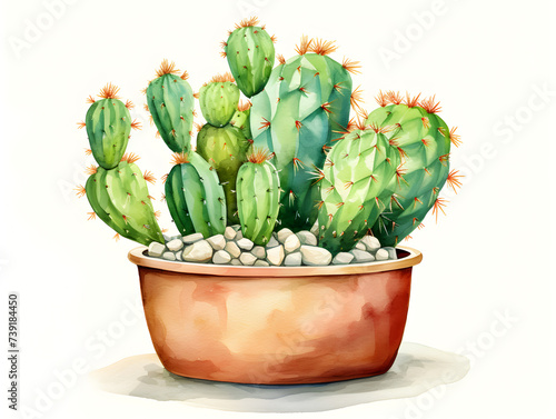 Watercolor illustration of a cactus plant in a pot on white background 