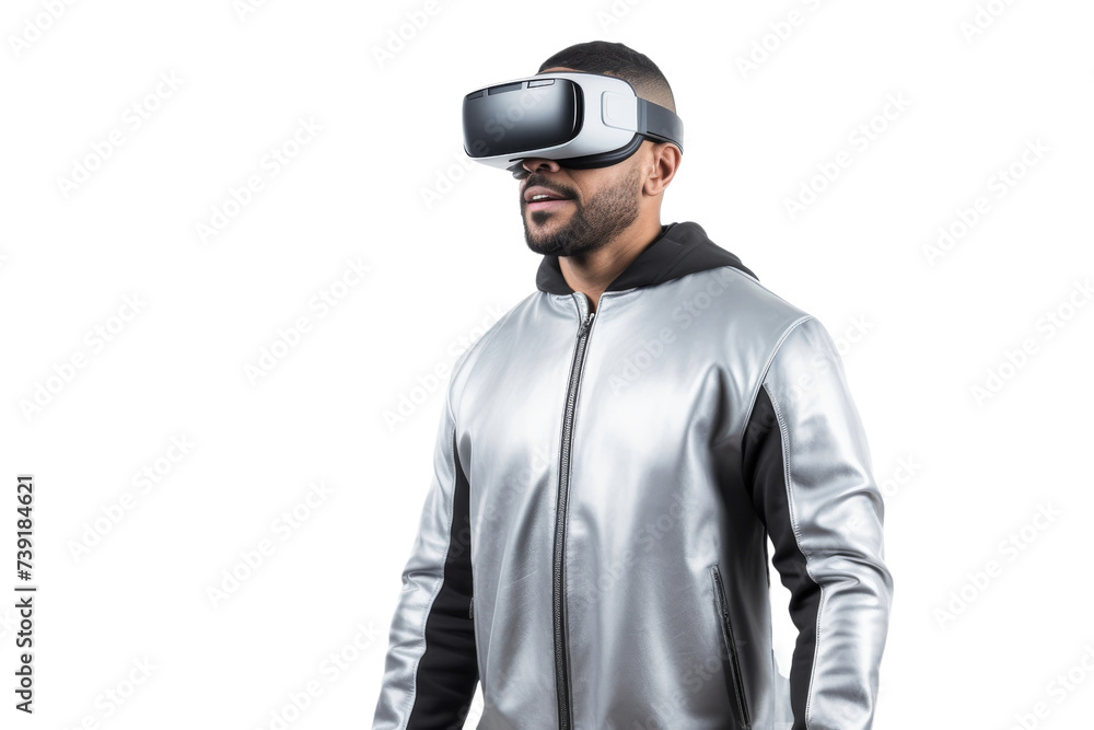 Artificial intelligence. unknown man standing use Virtual reality glasses wearing colorful trendy clothes on transparent background, Png format. Artificial intelligence. unknown man standing use Virtual reality glasses wearing colorful trendy clothes on transparent background, Png format.