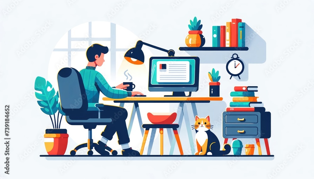 Man focused on work at his desk with a computer, accompanied by a cat in a well organized home office. Man focused on work at his desk with a computer, accompanied by a cat in a well organized home office.