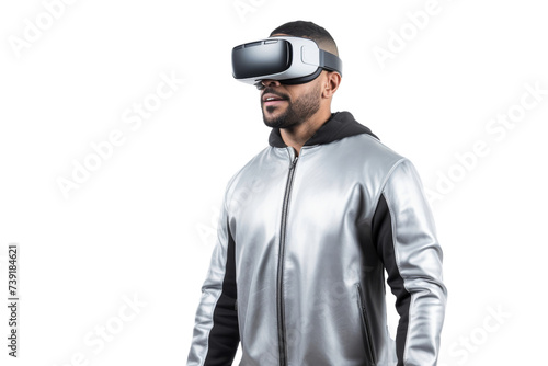 Artificial intelligence. unknown man standing use Virtual reality glasses wearing colorful trendy clothes on transparent background, Png format. © Media Srock