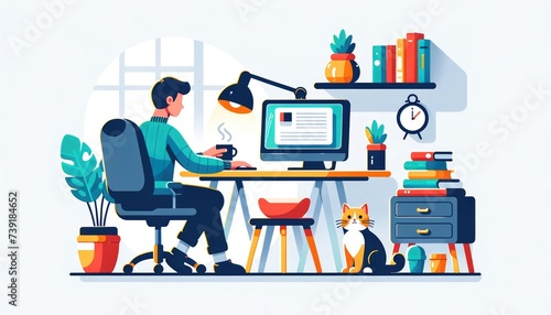 Man focused on work at his desk with a computer, accompanied by a cat in a well organized home office.