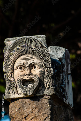 Stone Masks in the Roman Amphitheater Ostia Antica, Rome, Italy