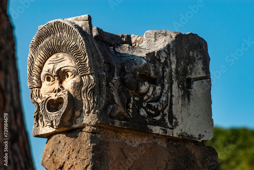 Stone Masks in the Roman Amphitheater Ostia Antica, Rome, Italy