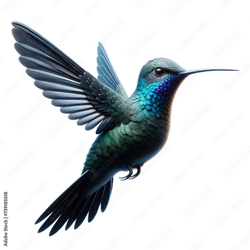 Obraz premium Hummingbird hovering in flight with green feathers and ruby-throated beak, isolated on a white background