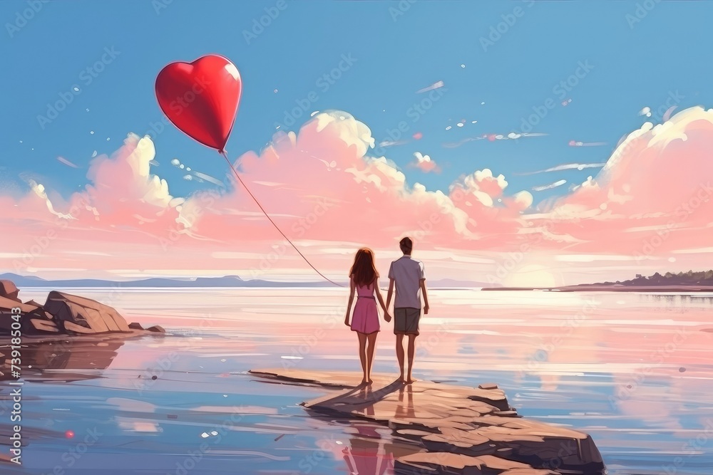 A girl and a guy holding hands and walking near the sea, rear view. In the hands of a ball in the shape of a heart, A summer day.