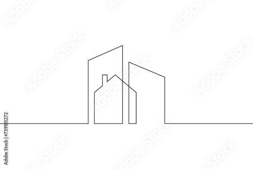Minimal house logo design. Building structure symbol. Construction of houses.One continuous line . Line art. Minimal single line.White background. One line drawing.