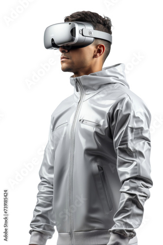 Artificial intelligence. unknown man standing use Virtual reality glasses wearing colorful trendy clothes on transparent background, Png format. © Media Srock