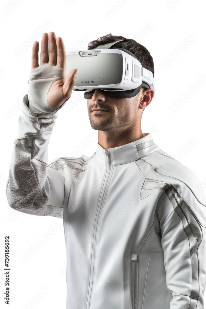 Artificial intelligence. unknown man standing use Virtual reality glasses wearing colorful trendy clothes on transparent background, Png format. Artificial intelligence. unknown man standing use Virtual reality glasses wearing colorful trendy clothes on transparent background, Png format.