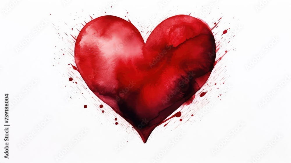 A red colored heart on a white background, painting with paints, a blob. Red Watercolor heart shape isolated on white.
