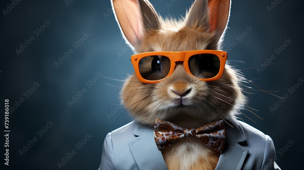 A fashionable rabbit dons a trendy outfit complete with a colorful bowtie and hipster glasses. With a cool demeanor, it strikes a pose against a solid background, showcasing its modern style