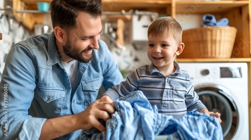 Father and son working together to load a pile of dirty laundry into the washing machine at home photo