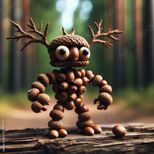 Cute acorn character on a blurred forest background photo