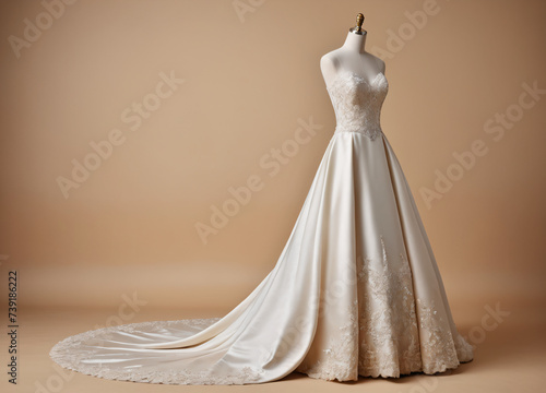 wedding dress on a mannequin, on a beige background