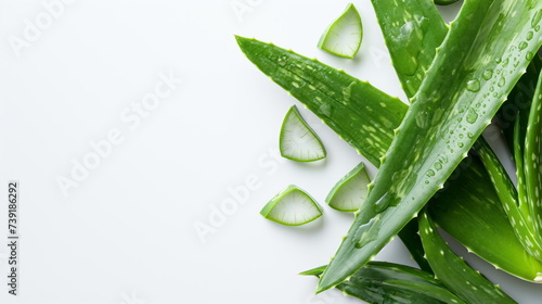 Arrangement of Aloe vera on a clean white backdrop. Emphasizing skin care and beauty, Essence of natural skincare routines photo
