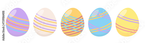 Set of colored eggs decorated with colored threads of different windings. Vector drawing of festive isolated Easter elements for design, decor, decoration, social media