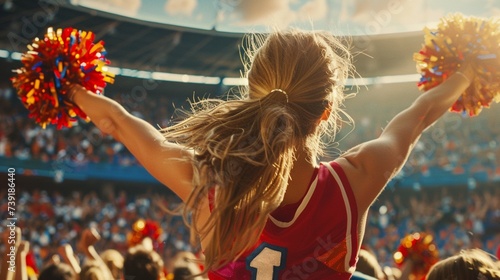 A vibrant cheerleader with pom-poms energetically celebrates, performing at a crowded sports stadium..