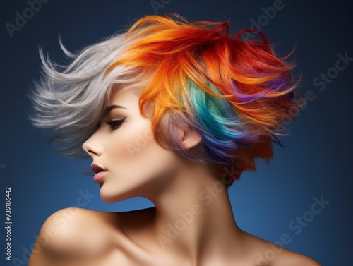 Portrait of a woman with bright colored flying hair, all shades. Hair coloring, beautiful lips and makeup. Hair fluttering in the wind. Sexy girl with short hair. Professional coloring