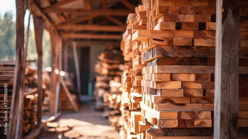 Individual stacking freshly cut wood planks in a storage shed. Sawmill production of boards from wood  drying of boards