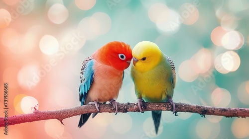 Two lovebirds with vibrant red and yellow plumage sharing an affectionate moment on a branch, set against a bokeh background, perfect for themes of love and companionship, with text space.